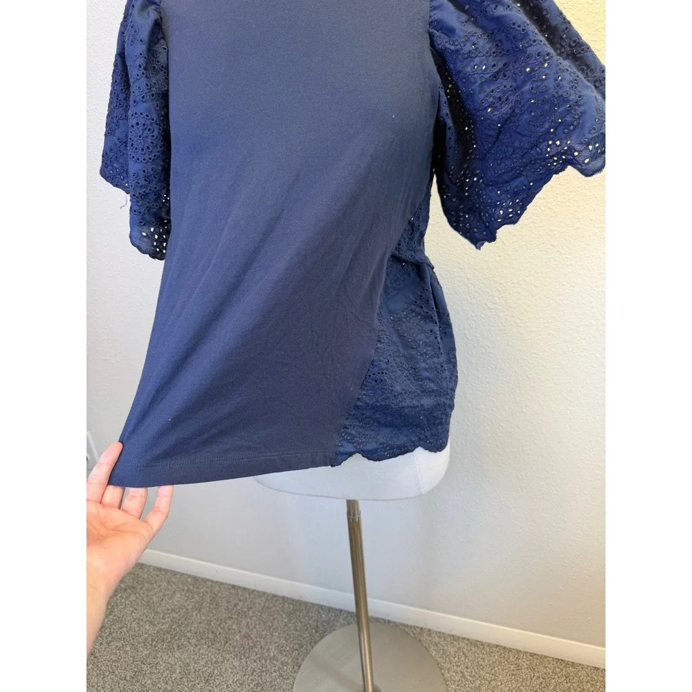 NWT Pomander Place Navy Blue Puff Sleeve Eyelet Lace Blouse Womens XS Old Money
